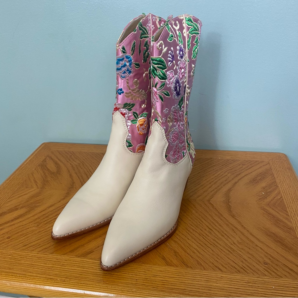 Momo New York Selina Western Silk Leather Boots Cowboy Size 7 Floral Pink Cream — image 8 of 8
